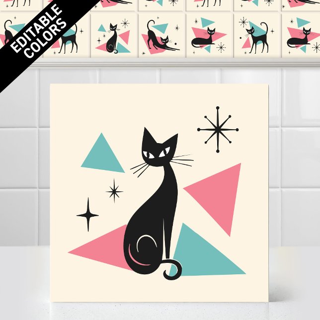 1950s Atomic Retro Sitting Cat Editable Colours Tile (Customize the colors of thjs funny 1950s Atomic Retro Sitting Cat Ceramic Tile Editable Mural)