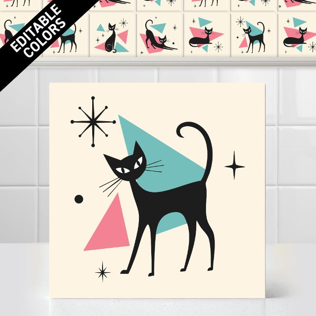 1950s Atomic Retro Walking Cat Editable Colours Tile (Customize the colors of thjs funny 1950s Atomic Retro Walking Cat Ceramic Tile Editable Mural)