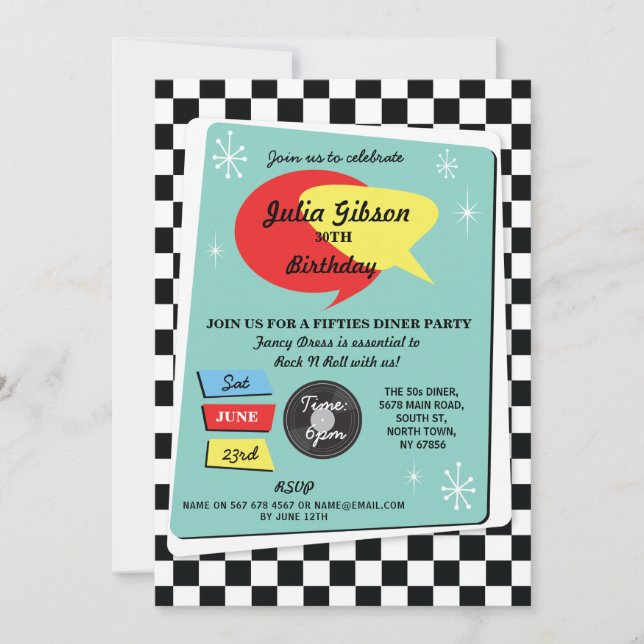 1950s Birthday Fifties Retro Rock N Roll Invite (Front)