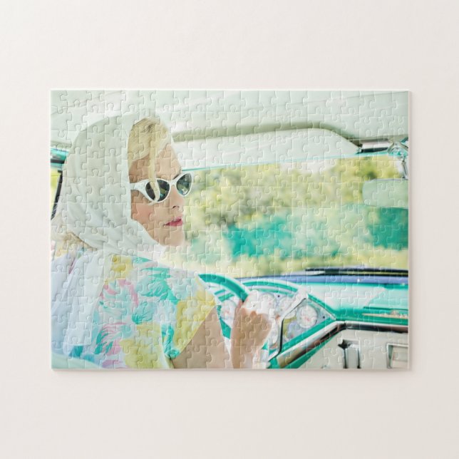 1950's Blonde in a Turquoise Thunderbird Jigsaw Puzzle (Horizontal)
