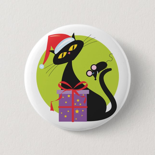 1950s Christmas Black Cat Black Mouse 2 Inch Round Button (Front)