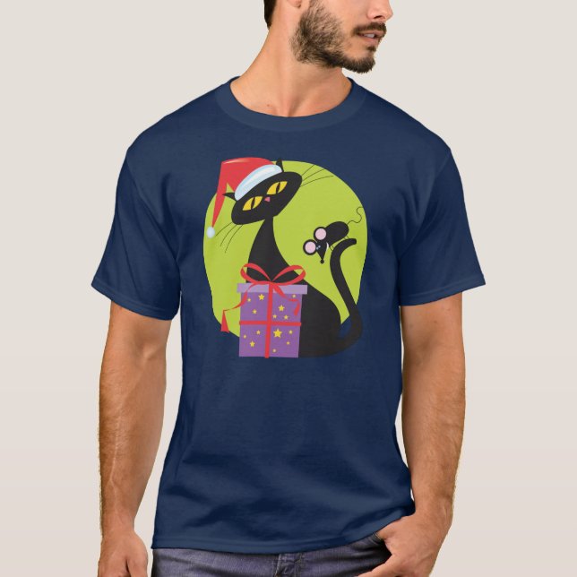 1950s Christmas Black Cat Black Mouse T-Shirt (Front)