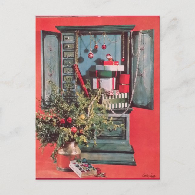1950's Christmas Card, Chest with Presents, Bulbs Holiday Postcard (Front)