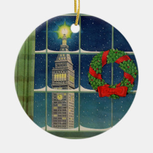 1950s Christmas in the city Ceramic Ornament