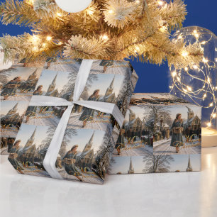 1950s Christmas Lady English Village Wrapping Paper