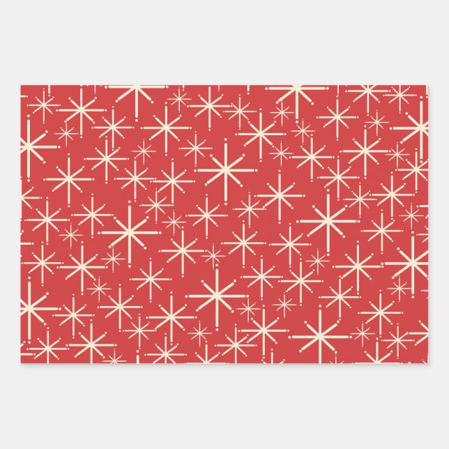 1950s Christmas Patterns in Retro Red Green Cream Wrapping Paper Sheet (Front)