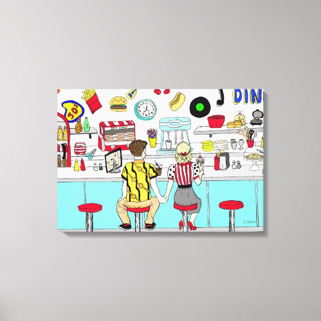 1950's Couple Holding Hands at  Diner  Canvas Print (Front)