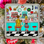 1950's Couple Holding Hands at Diner Christmas  Metal Ornament<br><div class="desc">Christmas Ornament. Hand drawn digital art,  young nostalgic couple sitting at a diner holding hands drinking a milkshake,  young and in love.</div>