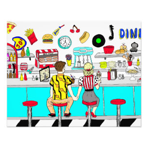 1950's Couple Holding Hands at Diner Photo Print