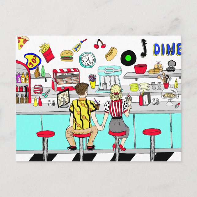 1950's Couple Holding Hands at  Diner  Postcard (Front)