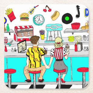 1950's Couple Holding Hands at  Diner  Square Paper Coaster