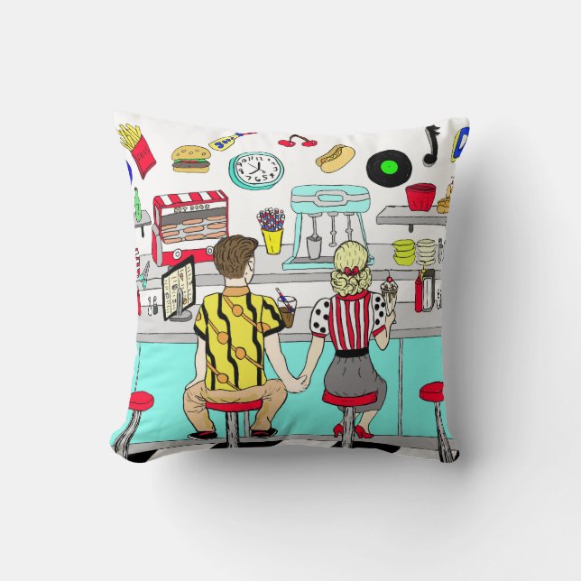 1950's Couple Holding Hands at  Diner   Throw Pillow (Front)