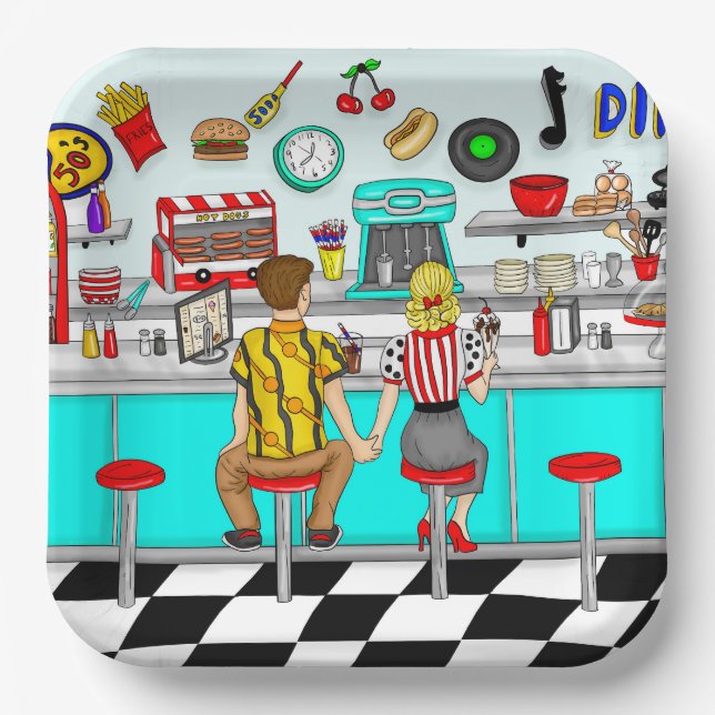 1950's Diner | Couple Holding Hands   Paper Plate (Front)