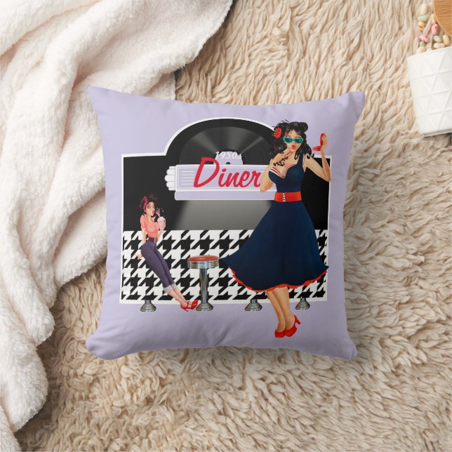1950s Diner lavender black & white chequered Throw Pillow (Blanket)