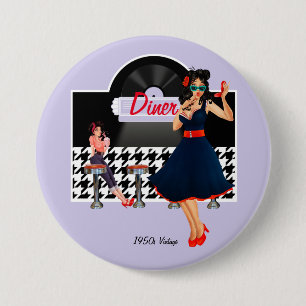 1950s Diner lavender black & white retro checkered 3 Inch Round Button