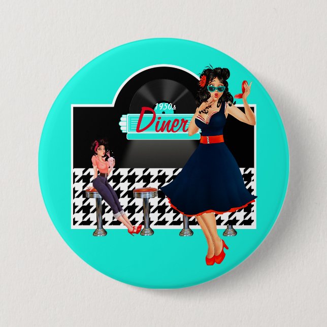 1950s Diner teal black & white chequered retro 3 Inch Round Button (Front)