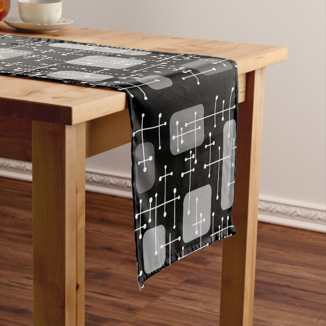 1950s Eames Era Art Crosshairs Black White Short Table Runner (In Situ)
