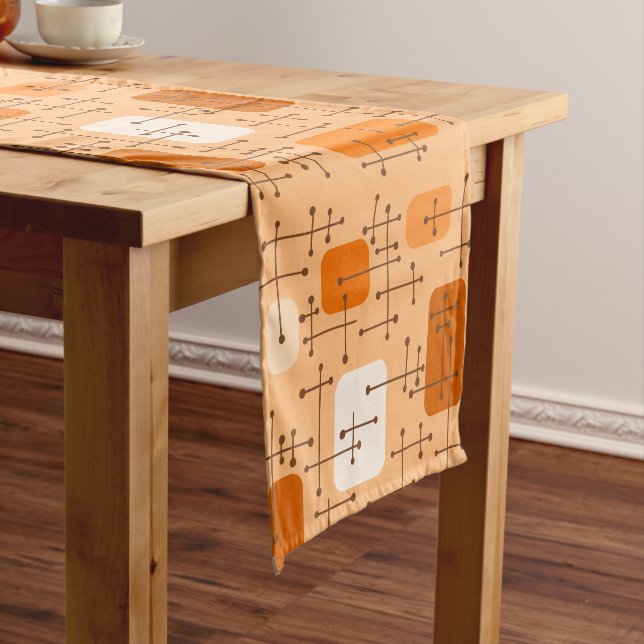 1950s Eames Era Art Crosshairs Orange Short Table Runner (In Situ)