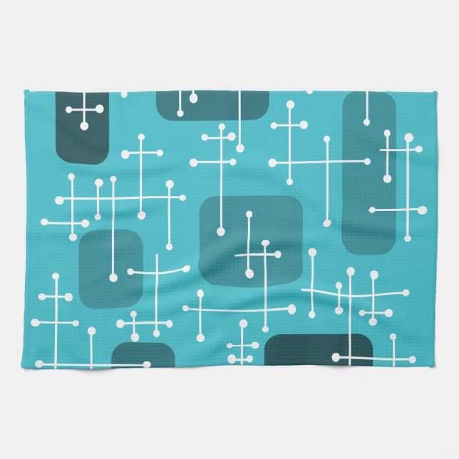 1950s Eames Era Art Crosshairs Turquoise Kitchen Towel (Horizontal)