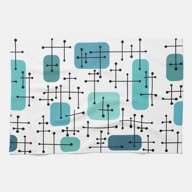 1950s Eames Era Art Crosshairs Turquoise Kitchen Towel (Horizontal)