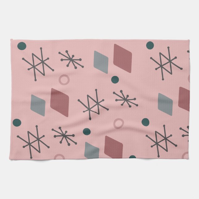 1950s Geometric Abstract Art Pink Grey Kitchen Towel (Horizontal)