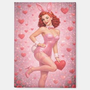 1950s Inspired Pink Bunny Art Playful Valentine Magnet