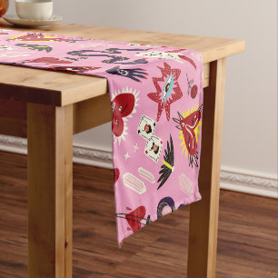 1950's Kitsch Retro Pop Art Pink Mystical Pattern  Short Table Runner