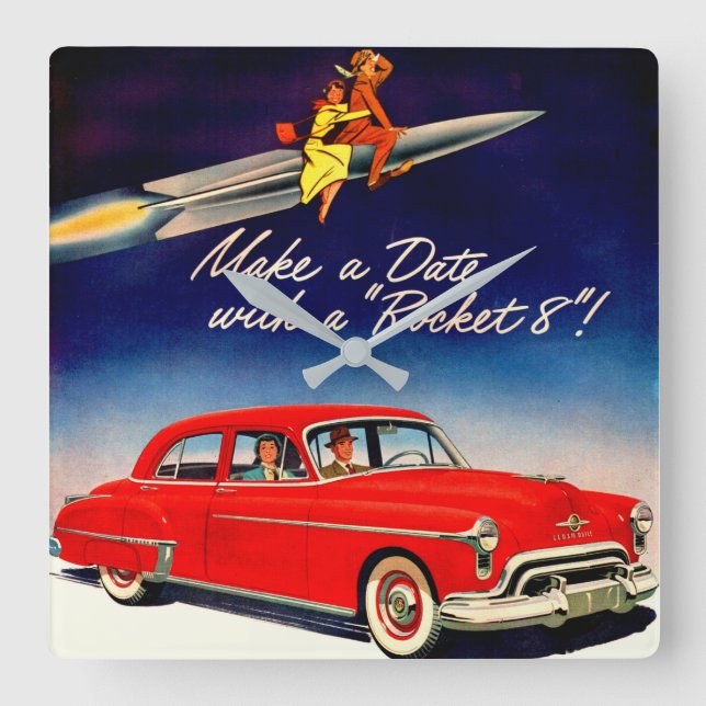 1950s Make a date with Rocket 8 Square Wall Clock (Front)