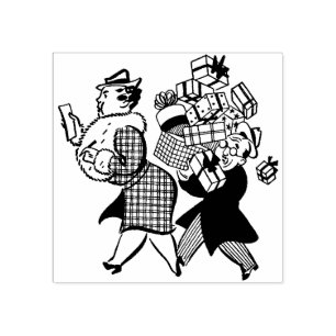 1950s Man and Woman Christmas Shopping Rubber Stamp