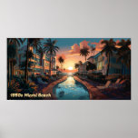 1950s Miami Beach art deco hotel at sunrise Poster<br><div class="desc">Oil painting of a 1950s era art deco style seaside resort hotel in Miami Beach in hard pastel colours and black. View is over an elongated pool of the sun rising over the Atlantic Ocean.</div>