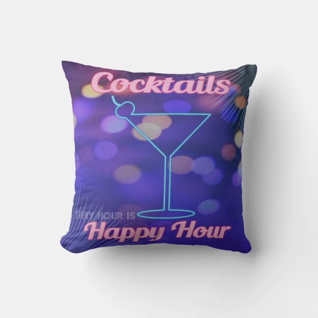 1950s Miami Cocktail Party Neon Blue Pink Bar Sign Throw Pillow (Front)