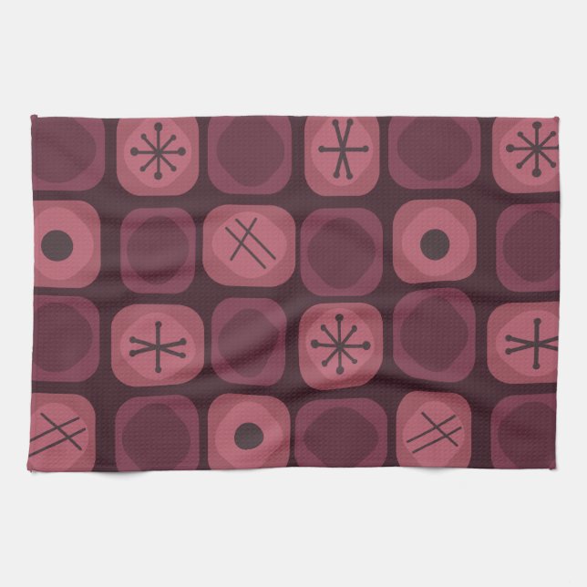 1950s Mod Art Soft Cubes Burgundy Kitchen Towel (Horizontal)