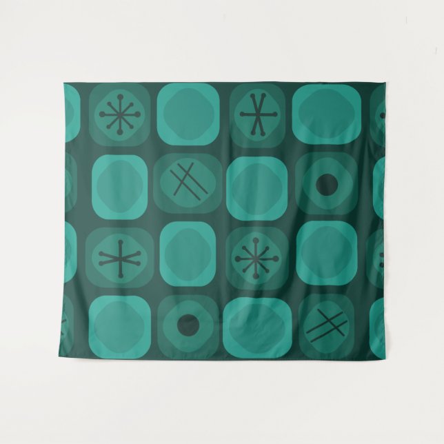 1950s Mod Art Soft Cubes Teal Tapestry (Front (Horizontal))