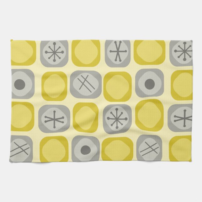 1950s Mod Art Soft Cubes Yellow Grey Kitchen Towel (Horizontal)