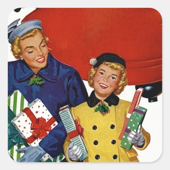 1950s Mom and Daughter Xmas Shopping Square Sticker (Front)