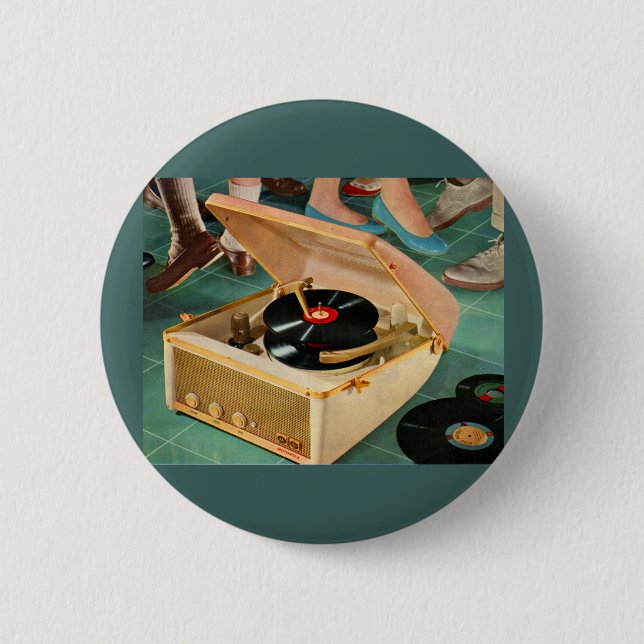 1950s portable record player ad 2 inch round button (Front)
