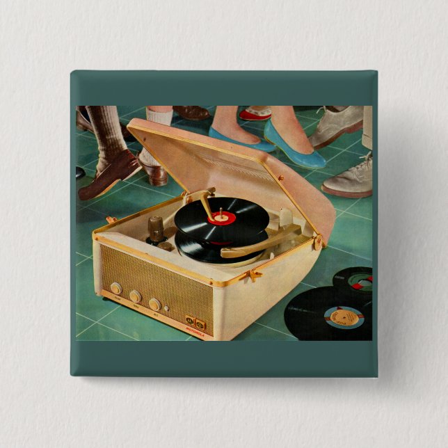 1950s portable record player ad 2 inch square button (Front)