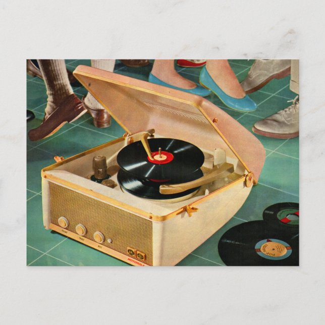 1950s portable record player ad postcard (Front)