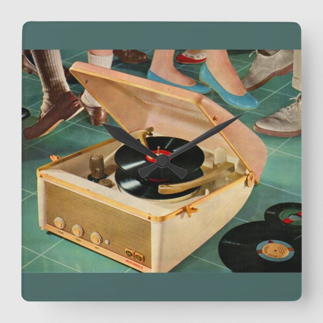 1950s portable record player ad square wall clock (Front)