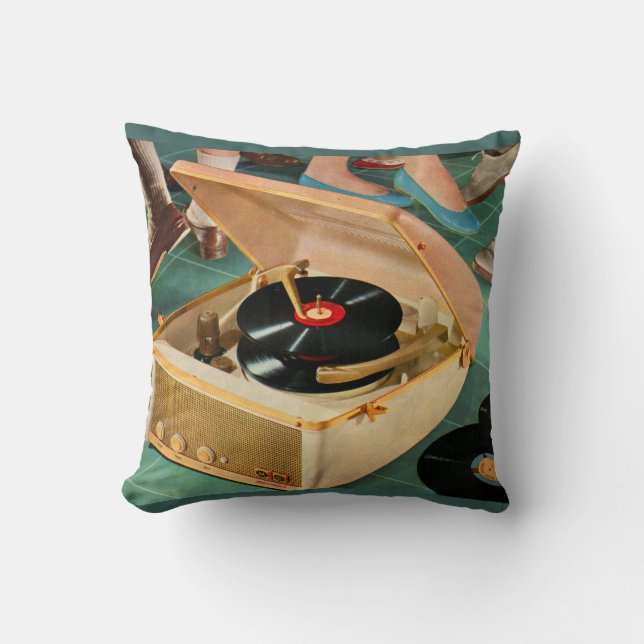 1950s portable record player with records throw pillow (Front)