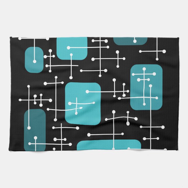1950s Retro Art Crosshairs Black Teal Kitchen Towel (Horizontal)