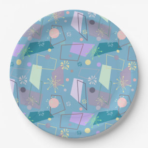 1950s Retro Atomic Pattern in Blue and Purple Paper Plate