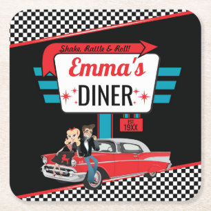 1950's Retro Diner Black/Red Birthday Party Square Paper Coaster