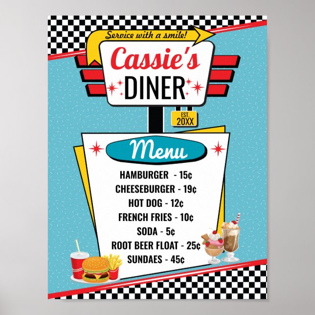 1950's Retro Diner Menu Teal, Red, Yellow Poster (Front)