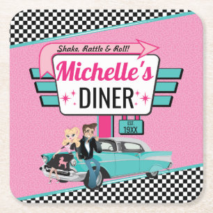 1950's Retro Diner Pink & Teal Birthday Party Square Paper Coaster