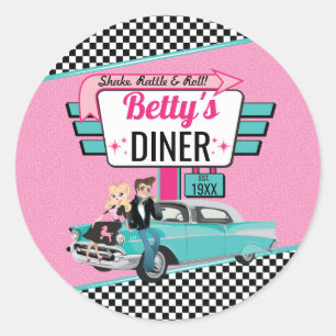 1950's Retro Diner Pink & Teal Sock Hop Classic Round Sticker