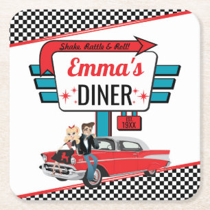 1950's Retro Diner Teal/White/Red Birthday Party Square Paper Coaster