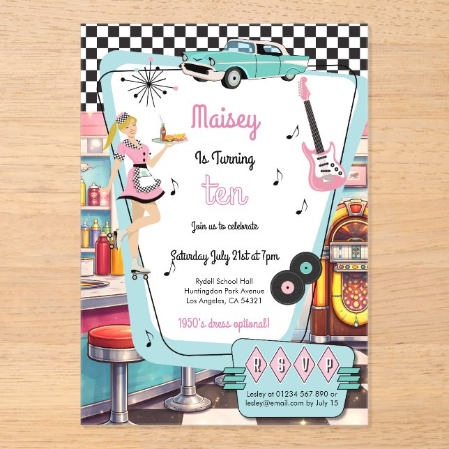 1950's Retro Diner Theme Party Acrylic Invitations (Front)