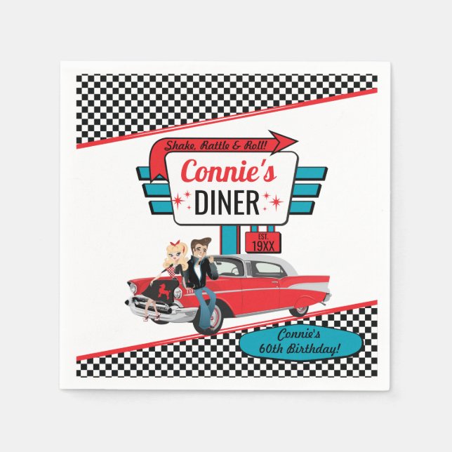1950's Retro Diner Vintag Car - Teal, Red Birthday Napkin (Front)