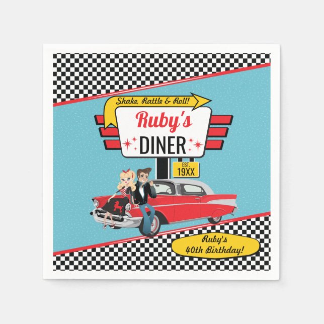 1950's Retro Diner Yellow, Teal, Red Birthday Napkin (Front)